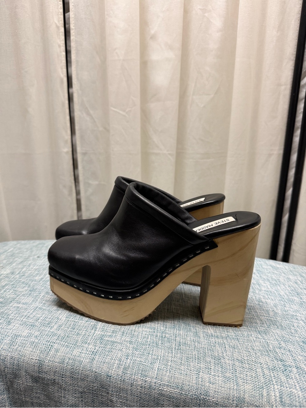 Steve Madden Black Leather Platform Clogs with Wood-Effect Sole
